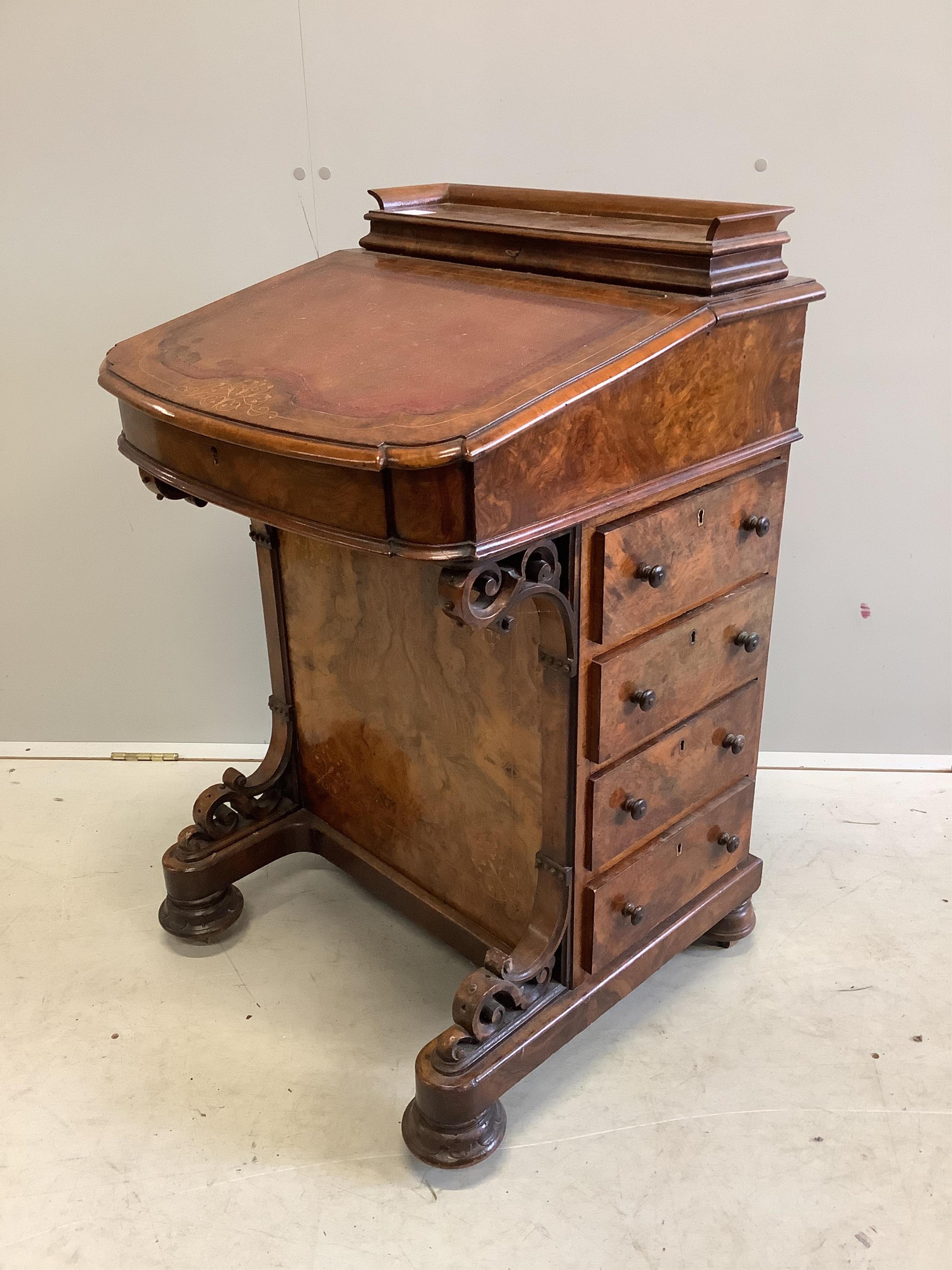 A Victorian inlaid burr walnut Davenport, width 56cm, depth 54cm, height 90cm. Condition - fair to good